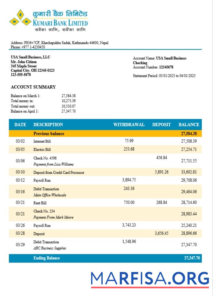 Printable Nepal Kumari business account statement Word and PDF template (1)